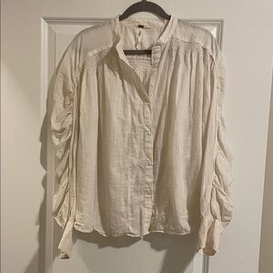 Free People Cream Ruched Sleeve Blouse